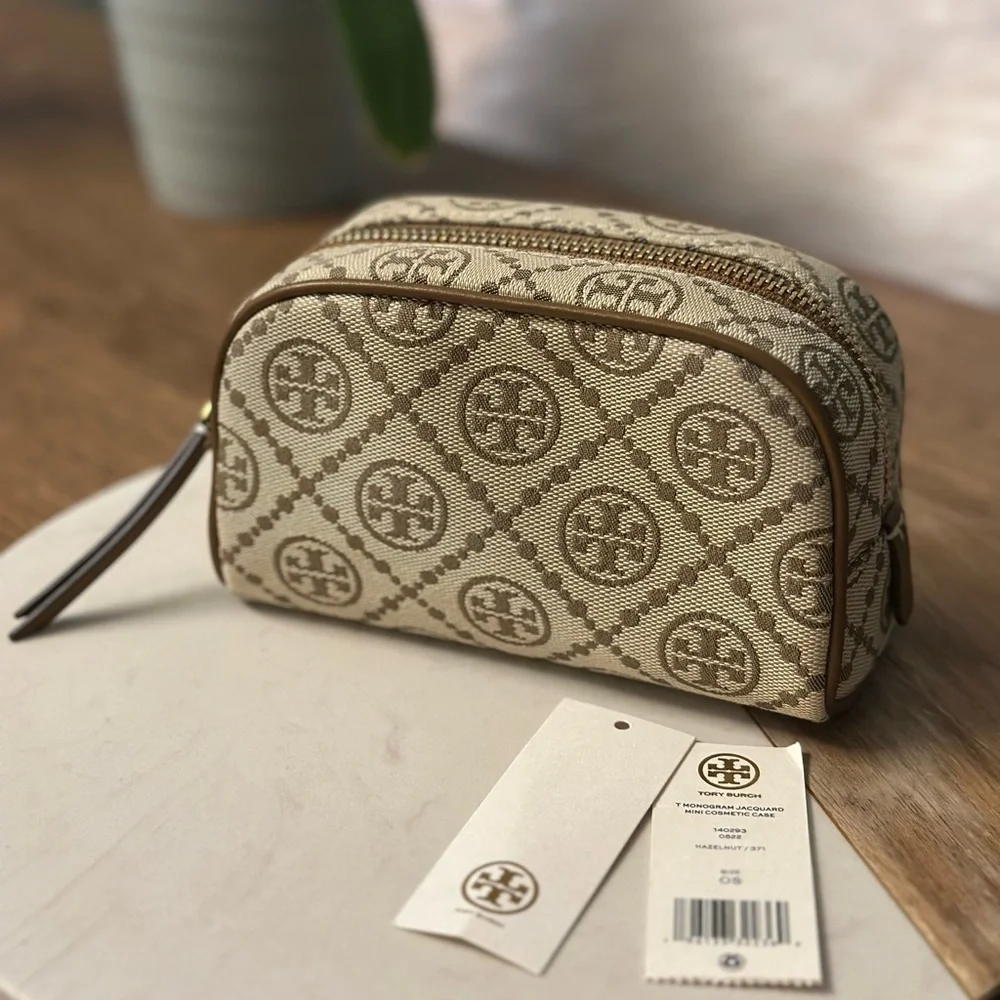 NWT! NEW! Tory Burch T Monogram Jacquard Cosmetic Pouch hazelnut women